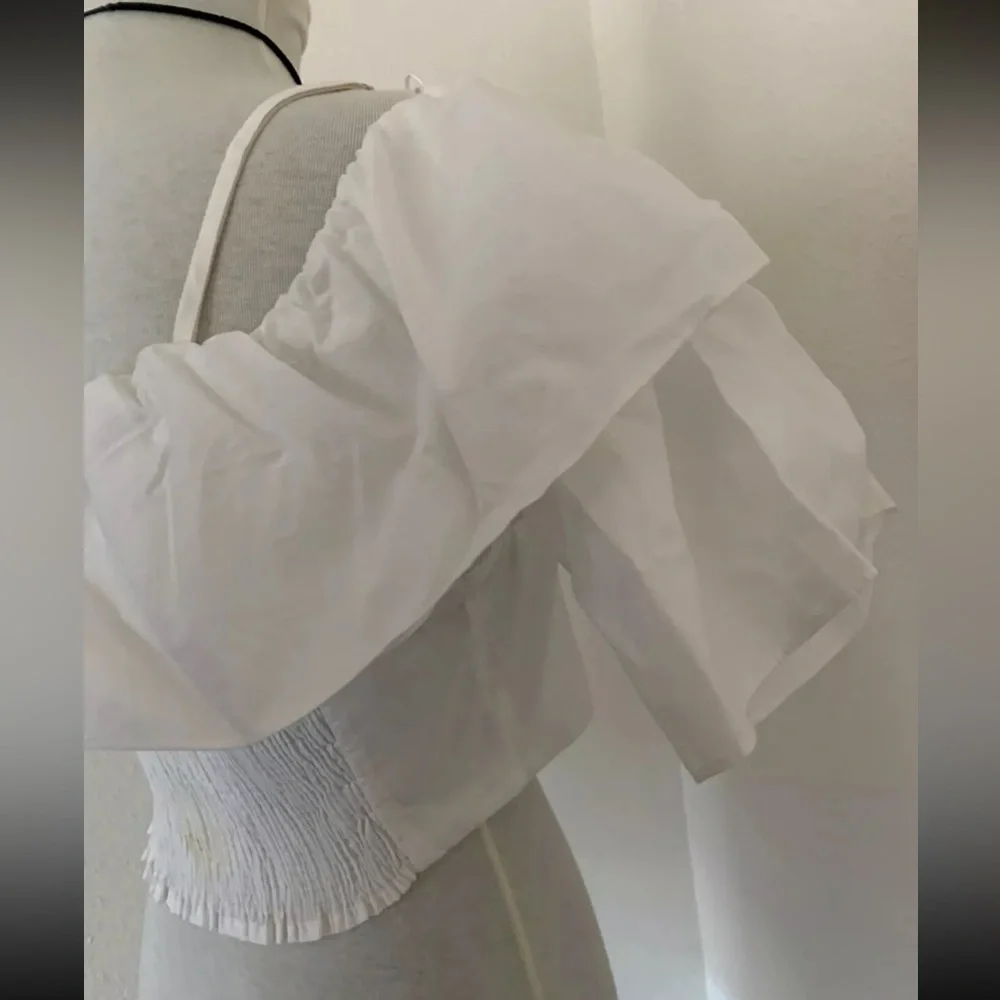ZARA Womens Junior Girls Size L White Cropped Top Blouse Short Ruffle Sleeve - Picture 12 of 16